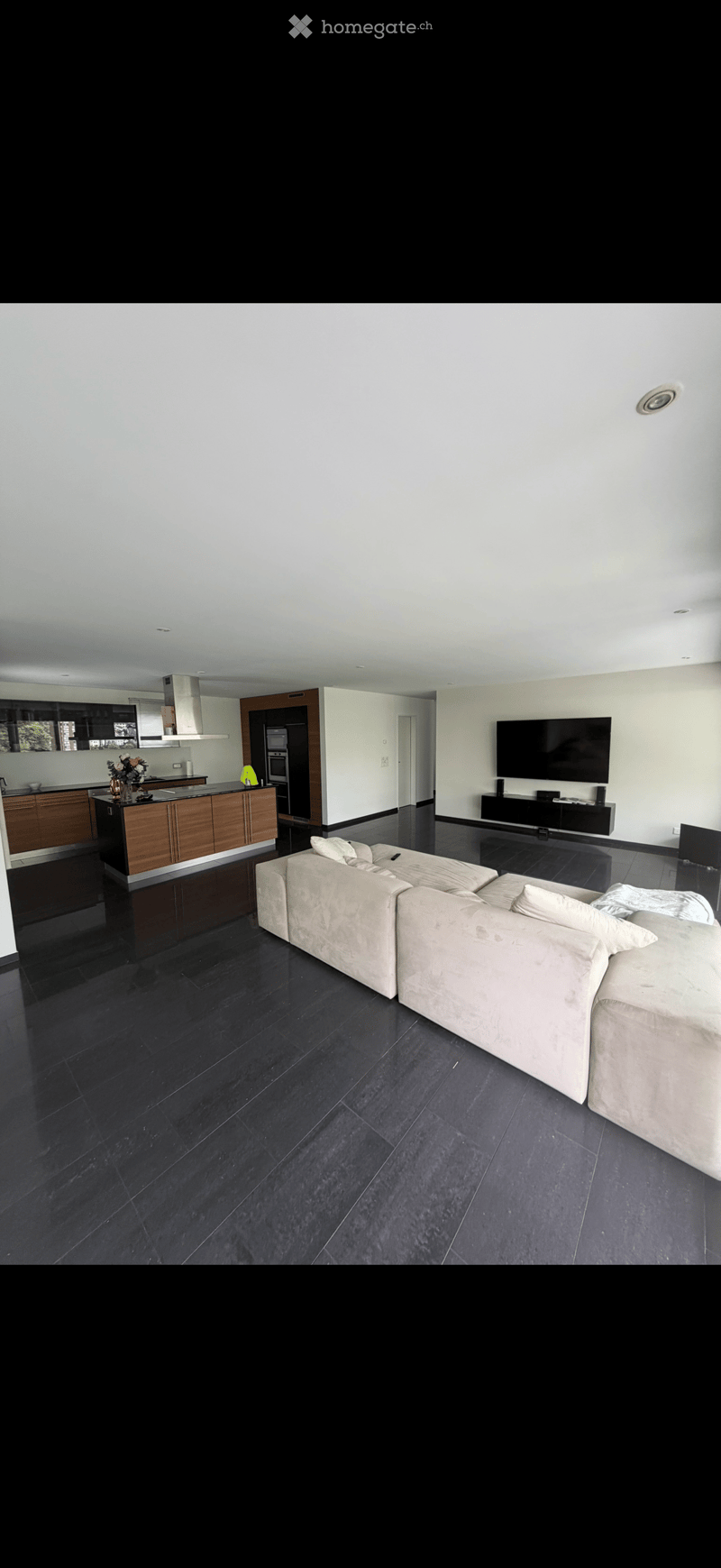 Modern open-plan living and dining area with a large sectional sofa, flat-screen TV, sleek kitchen island with wooden cabinets, and a flower vase on the counter.