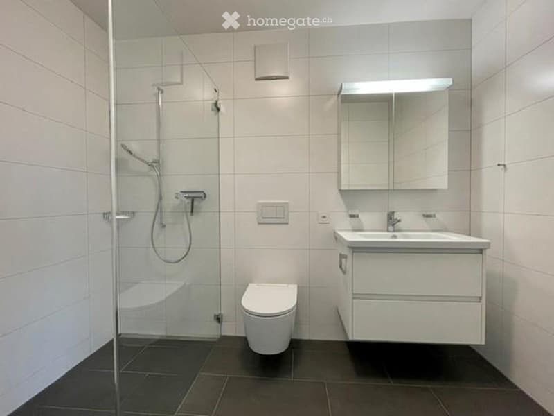 Modern bathroom with white tiles, a glass-enclosed shower, a toilet, a sink with a mirrored cabinet, and a sleek design.