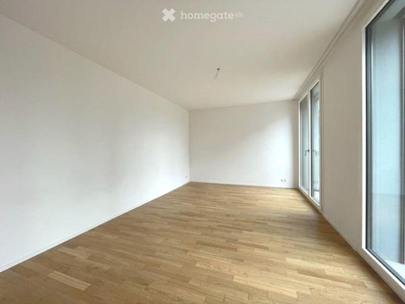 Empty room with light-colored walls and wooden flooring, featuring large windows on one side.
