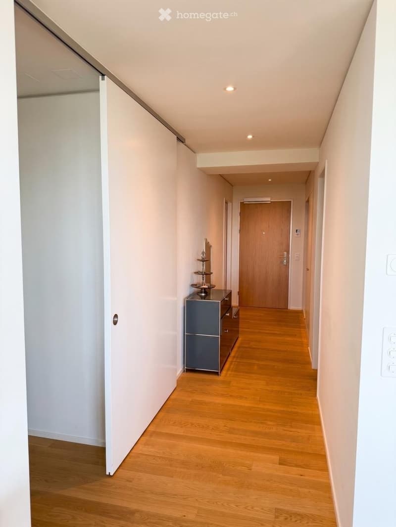 A narrow hallway with light wooden flooring, white walls, and recessed ceiling lighting. A small cabinet with drawers and a decorative tray sits against one wall, and a closed wooden door is visible at the end of the hallway.
