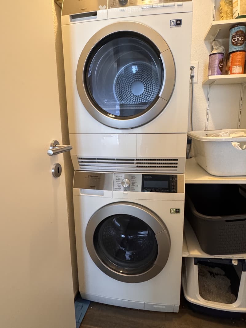 A modern bathroom with a stacked washing machine and dryer unit, a shelf with cleaning supplies, and a pet litter box.