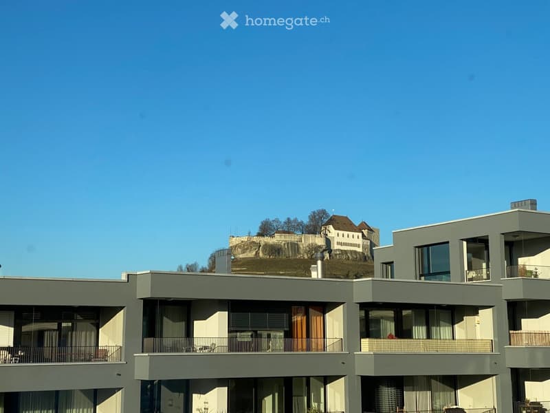 Modern multi-story residential building with large windows and balconies, set against a backdrop of a historic castle on a hill.