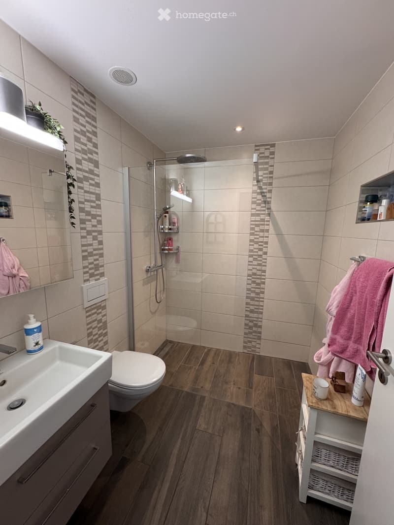 Modern bathroom with a glass-enclosed shower, sink, toilet, and wooden floor. Includes a towel rack with pink towels, a small wooden shelf with a cup, and a bottle on the sink counter.