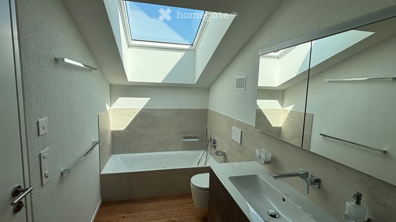 Modern bathroom with a bathtub, toilet, sink, large mirror, and skylight window providing natural light.