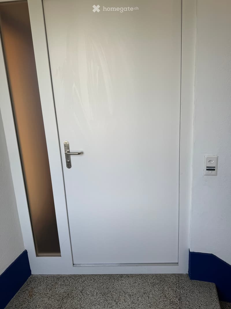 A white door with a silver handle is shown in a hallway with white walls and a grey carpeted floor. A light switch is visible on the right wall.