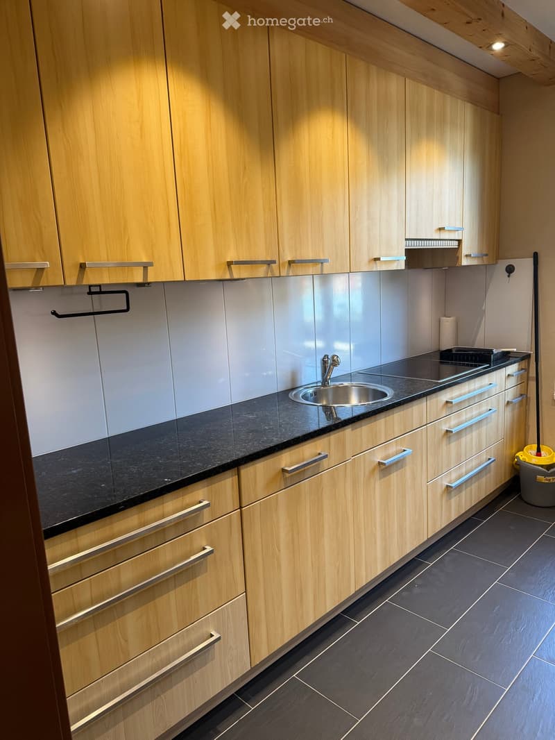 Modern kitchen with light wooden cabinets, black countertop, stainless steel sink, and a small trash bin in the corner.