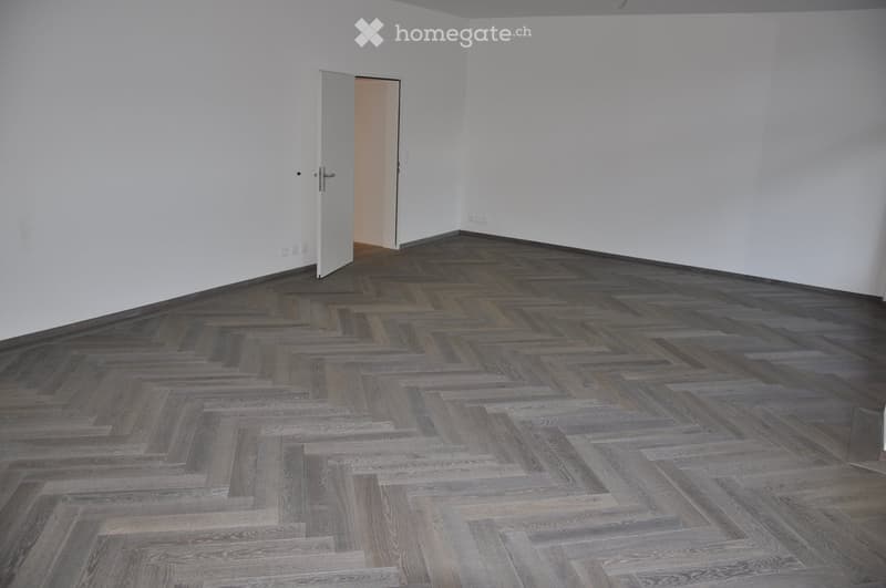 Empty room with light-colored walls and dark herringbone wooden flooring. A white door is open to an adjacent space.