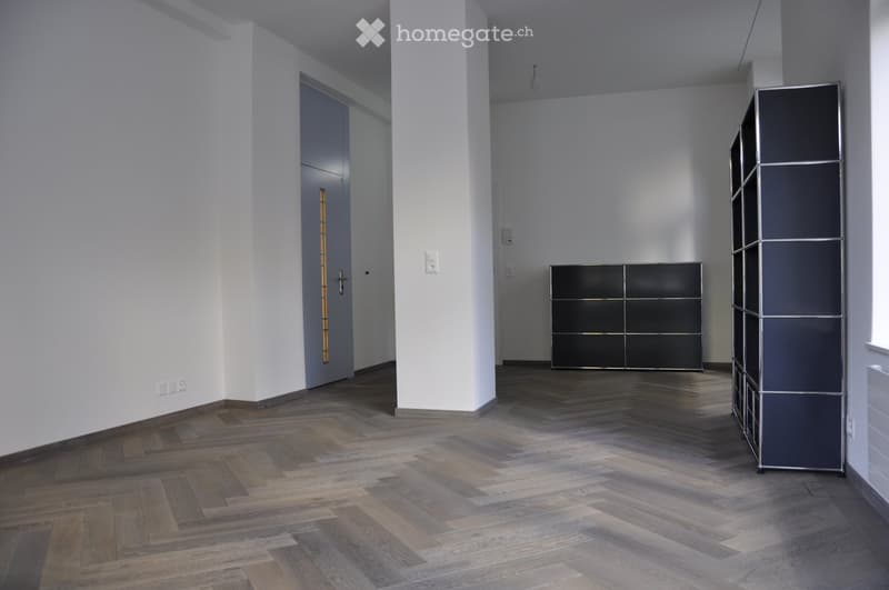 Empty hallway with wooden herringbone flooring, white walls, and modern black shelving units against the wall.