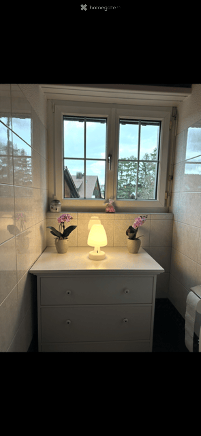 Bathroom corner with a white cabinet, a small table lamp, and two vases with purple flowers on top. The window offers a view of trees and a neighboring house.