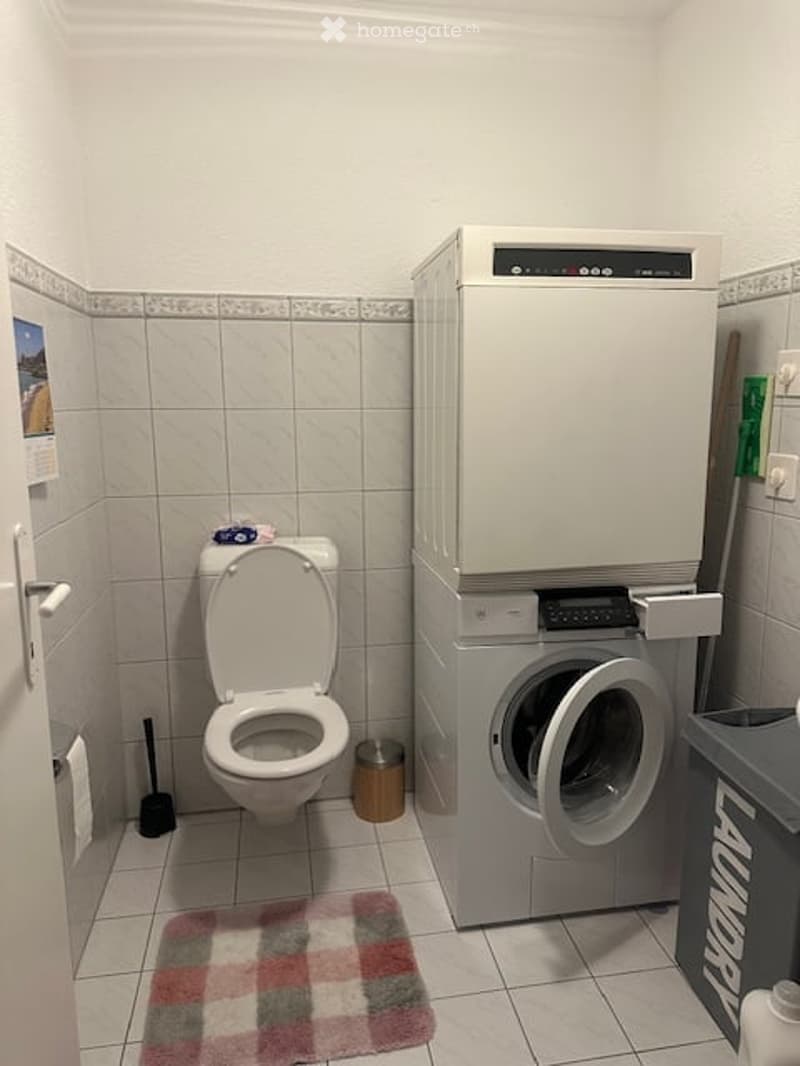 Bathroom with a toilet, washing machine, mop, trash bin, and a small rug on the floor.