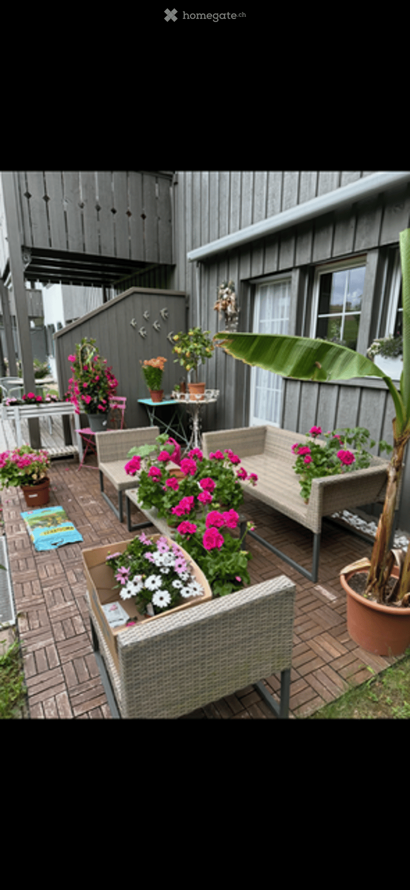 A cozy outdoor patio area with wooden decking, wicker furniture, colorful potted plants, and a small table with chairs.