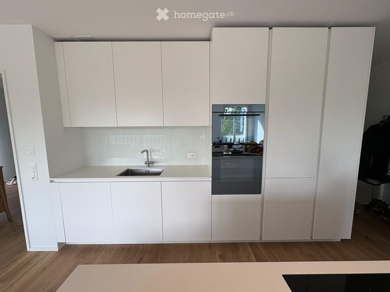 Modern kitchen with white cabinets, a stainless steel sink, and an oven. The space features a sleek design with a wooden floor and a reflective backsplash.