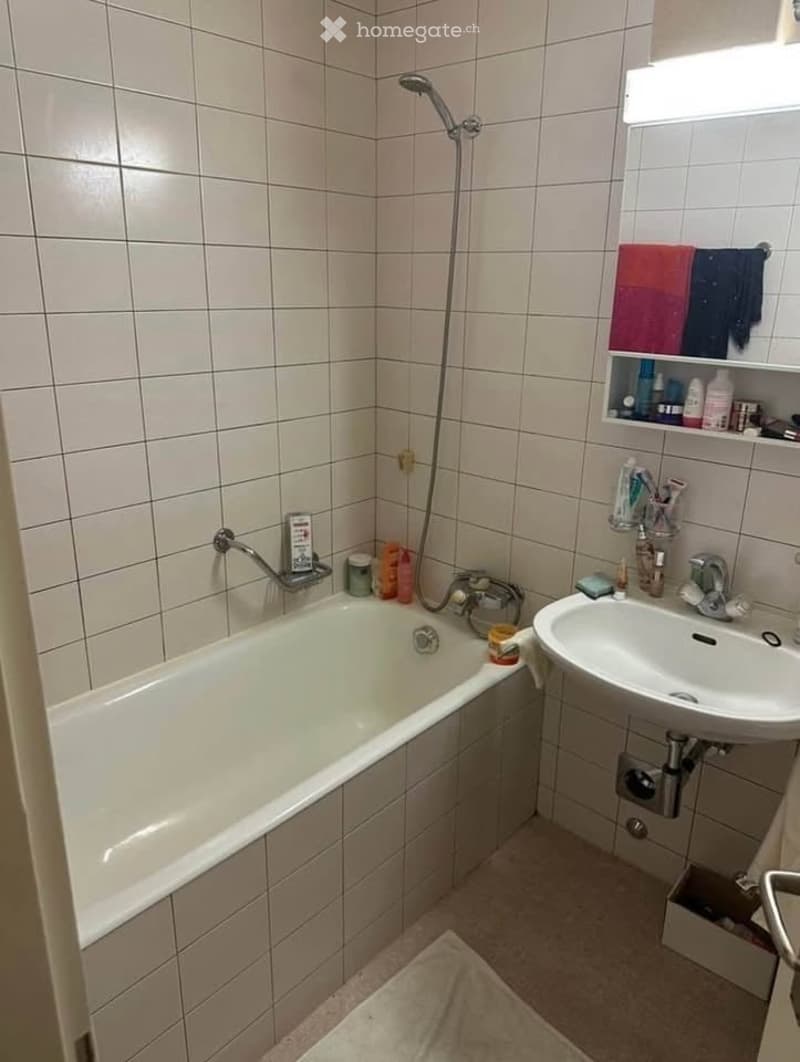 Bathroom with a white tiled wall, a bathtub, a sink, a shower, and a towel rack with towels. The floor is tiled, and there are various bathroom accessories on the sink counter.