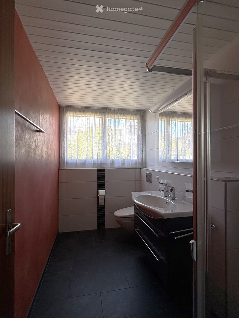 Modern bathroom with dark tiled floor, white sink, toilet, and mirrored cabinet. Features a window with sheer curtains and a glass shower enclosure.