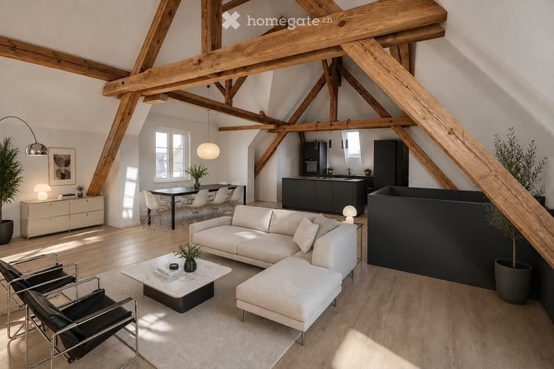 Open-concept living and dining area with exposed wooden beams, white sofa, coffee table, dining table with chairs, modern kitchen, pendant lights, and decorative plants.