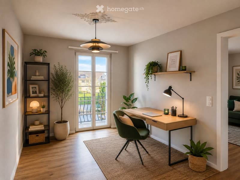 Modern, well-lit room with a wooden desk, green chair, pendant light, shelves with books and plants, and a view through large glass doors.