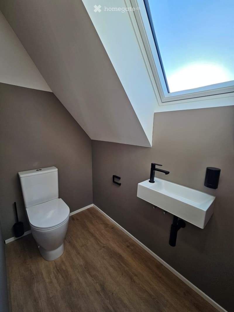 Modern bathroom with wooden flooring, white toilet, white sink, and black faucet. The room features a skylight window and dark grey walls.
