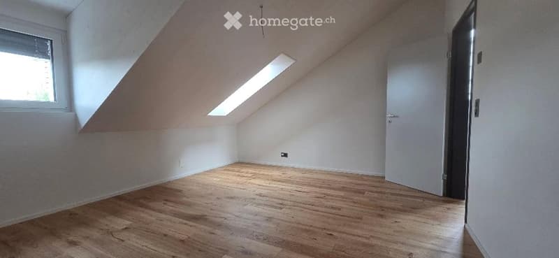 Empty attic room with wooden flooring, white walls, and skylight windows.