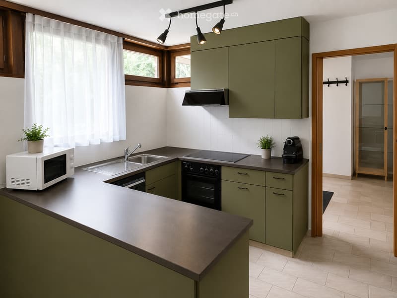 Modern kitchen with green cabinets, stainless steel appliances, and a central island. Features a microwave, sink, oven, coffee maker, and potted plants on the counter.