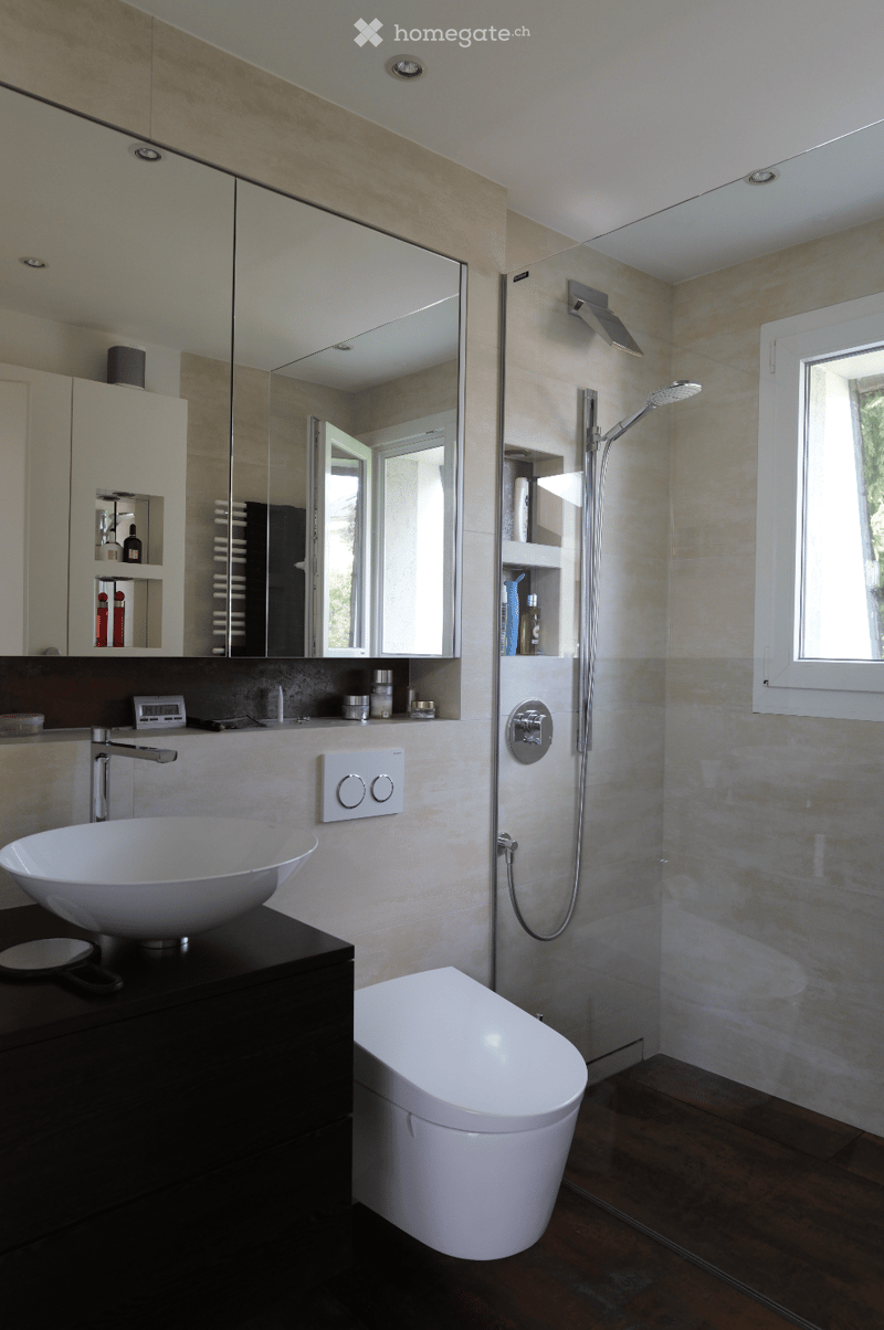 Modern bathroom with a white sink, toilet, large mirror, glass shower enclosure, and built-in storage cabinets.