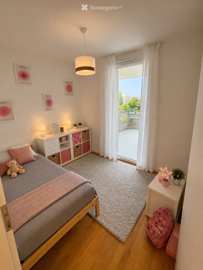 Cozy bedroom with a wooden bed, nightstands, lamps, a large window with white curtains, and a view of the city.