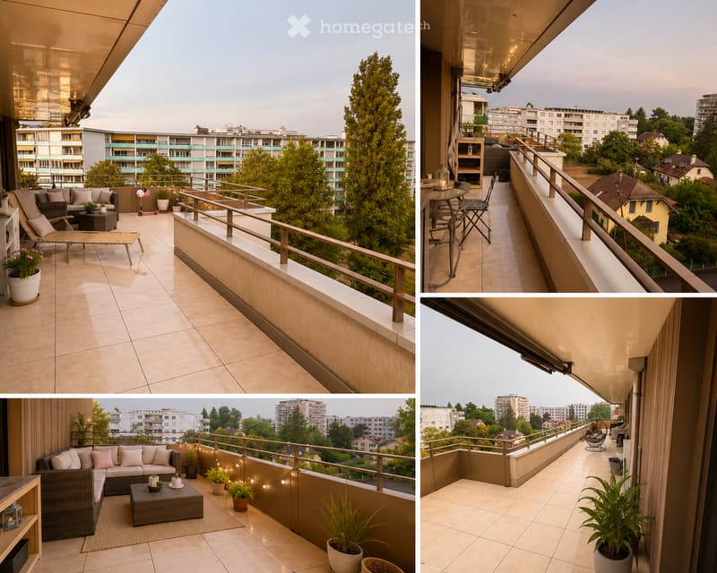 Four images of a modern balcony/terraces with tiled flooring, metal railings, and various seating arrangements including sofas, tables, chairs, and potted plants. The background shows a cityscape with residential buildings and trees.