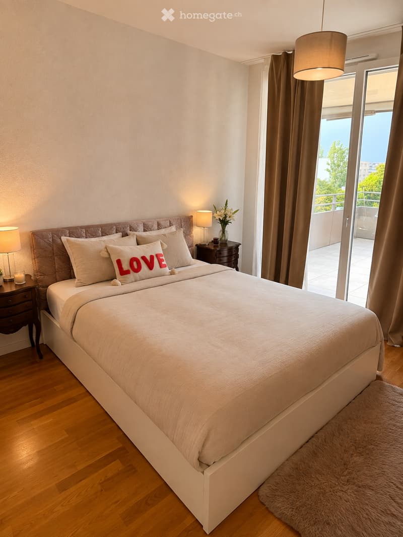 Modern bedroom with a large bed, nightstands, lamps, and a view of a balcony or terrace.
