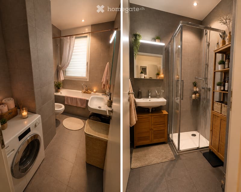 Two modern bathrooms with tiled walls, a bathtub, toilet, sink, shower, and wooden cabinets. Both feature decorative plants, candles, and towels.