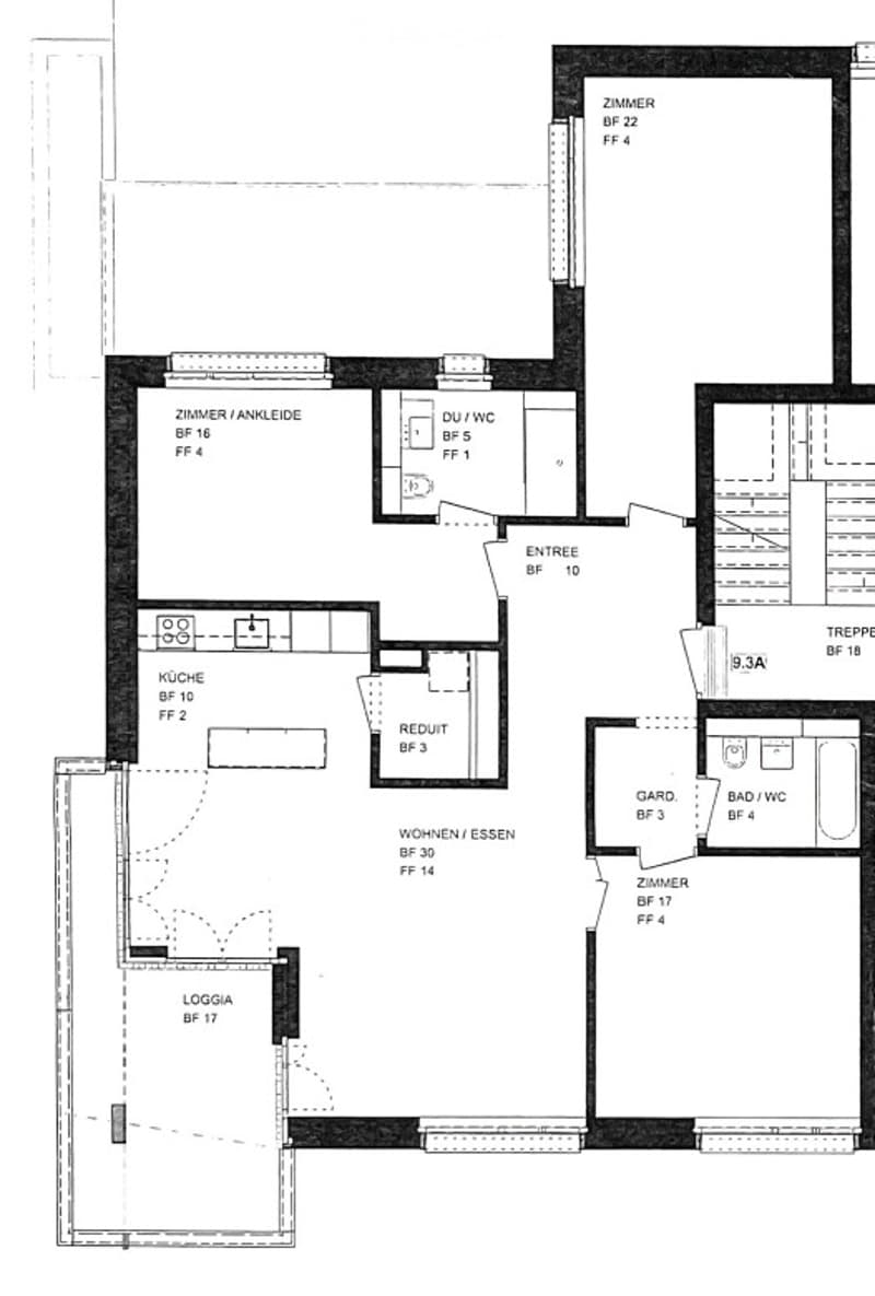 Floor plan showing multiple rooms including kitchen, living/dining area, bedrooms, bathrooms, and a loggia.
