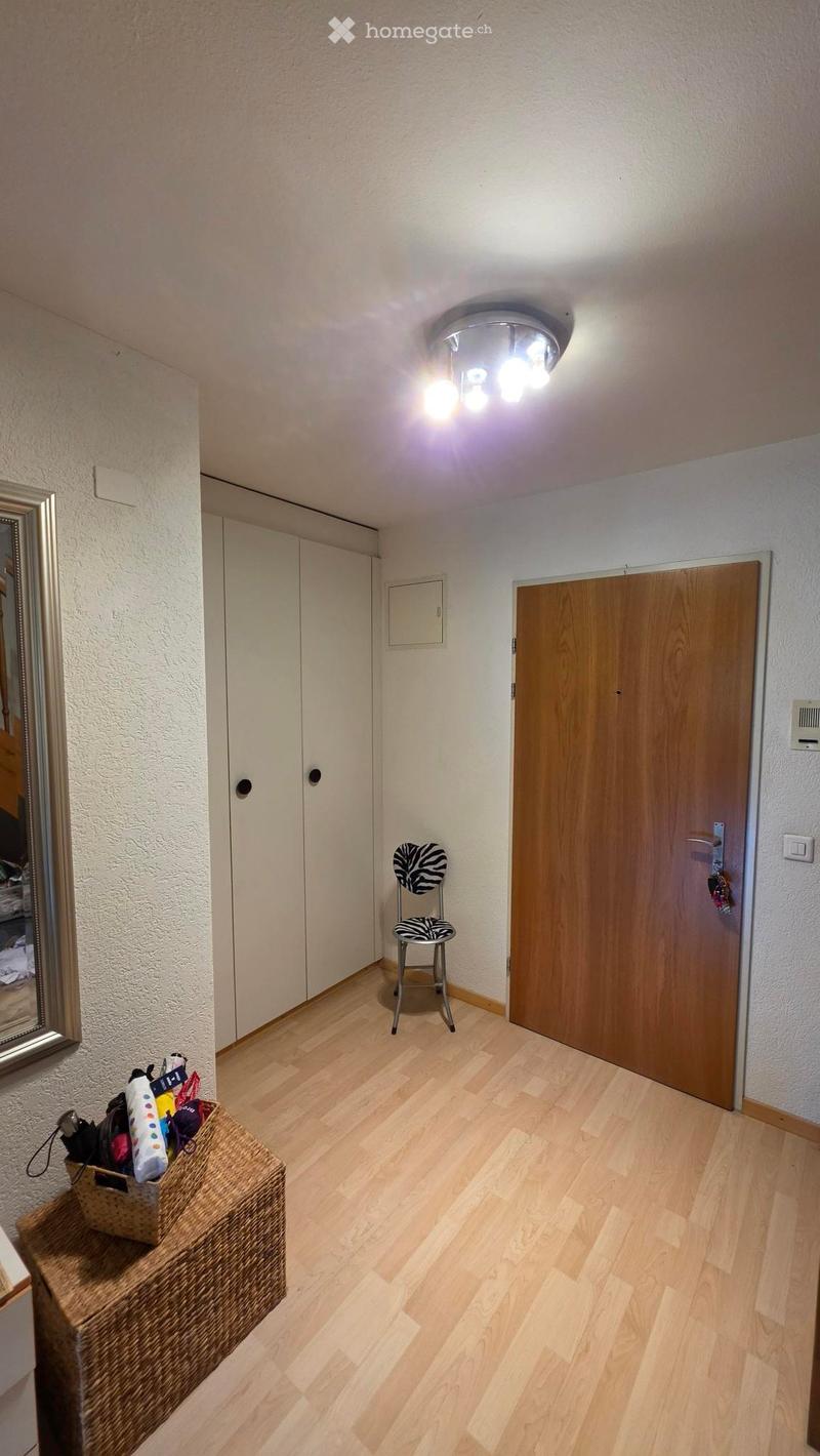Hallway with light wooden flooring, white walls, a ceiling light fixture, a small stool with a zebra-patterned seat, a mirror, and a basket with various items on a small table.