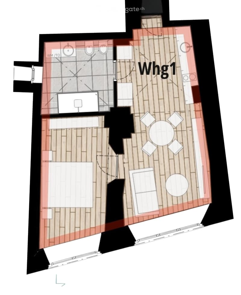 Floor Plan. Layout includes a living area, dining area, kitchen, bedroom, and a separate washroom/toilet area.