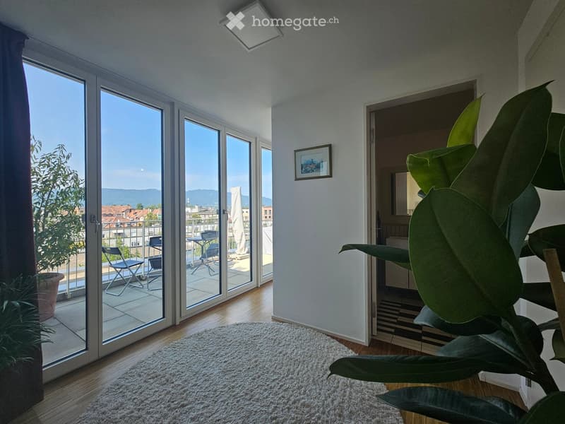 Bright living room with large sliding glass doors leading to a balcony, featuring a white shag rug, a picture frame on the wall, and a view of the city and mountains.