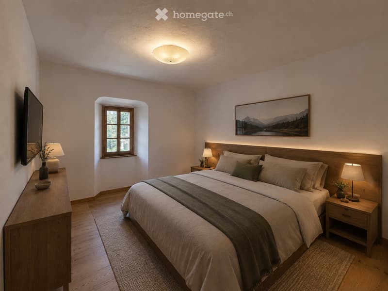 Cozy bedroom with a large bed, nightstands, lamps, a picture frame on the wall, and a small table with a vase and bowl.