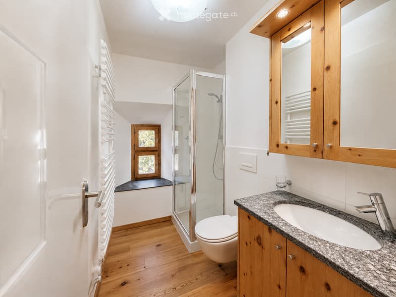 Modern bathroom with wooden flooring, white walls, a glass-enclosed shower, a toilet, a sink with a modern faucet, a large mirror with wooden frame, and a radiator.
