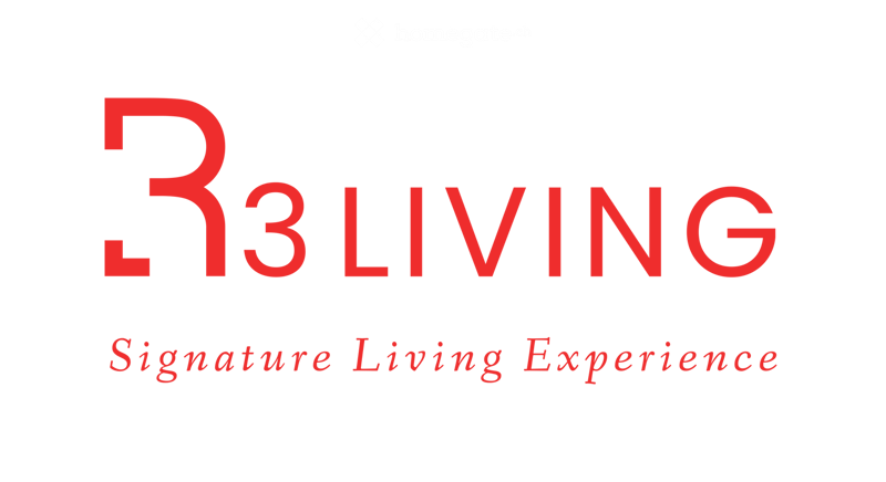 Logo for "R3 LIVING" with the tagline "Signature Living Experience" in red text on a white background.