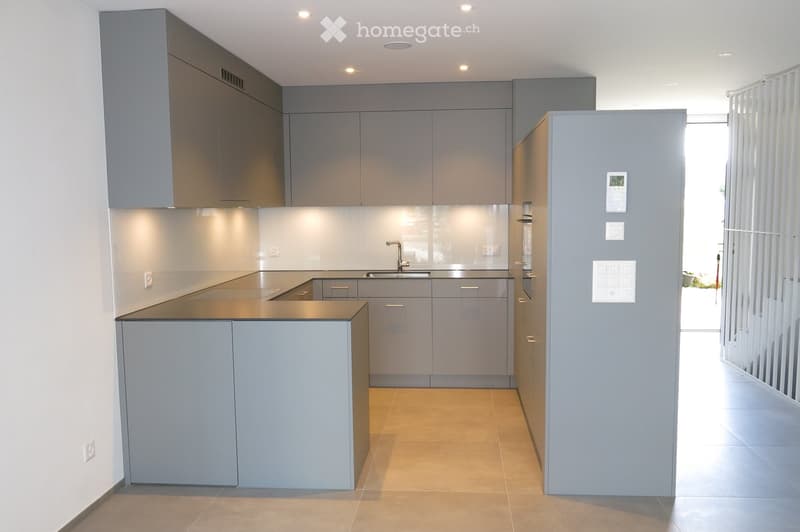 Modern kitchen with grey cabinets, stainless steel sink, and sleek countertops.