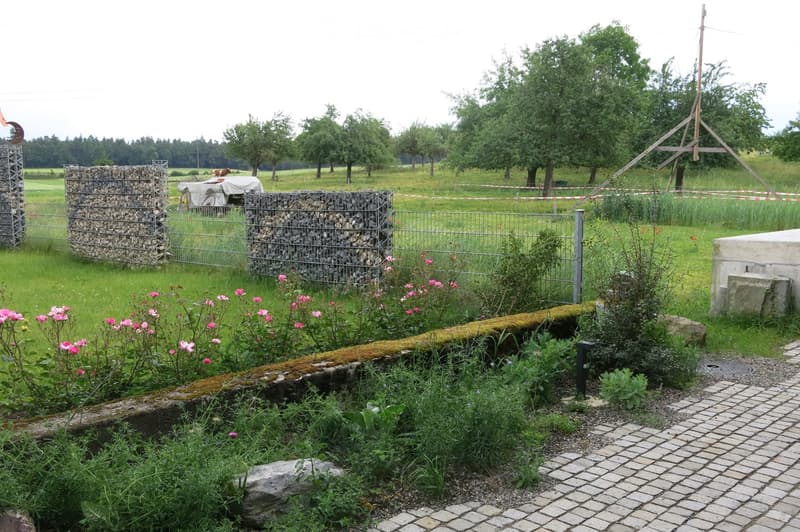 Garden area with a paved walkway, stone structures, flowering plants, and a fenced enclosure with trees and a covered object in the background.