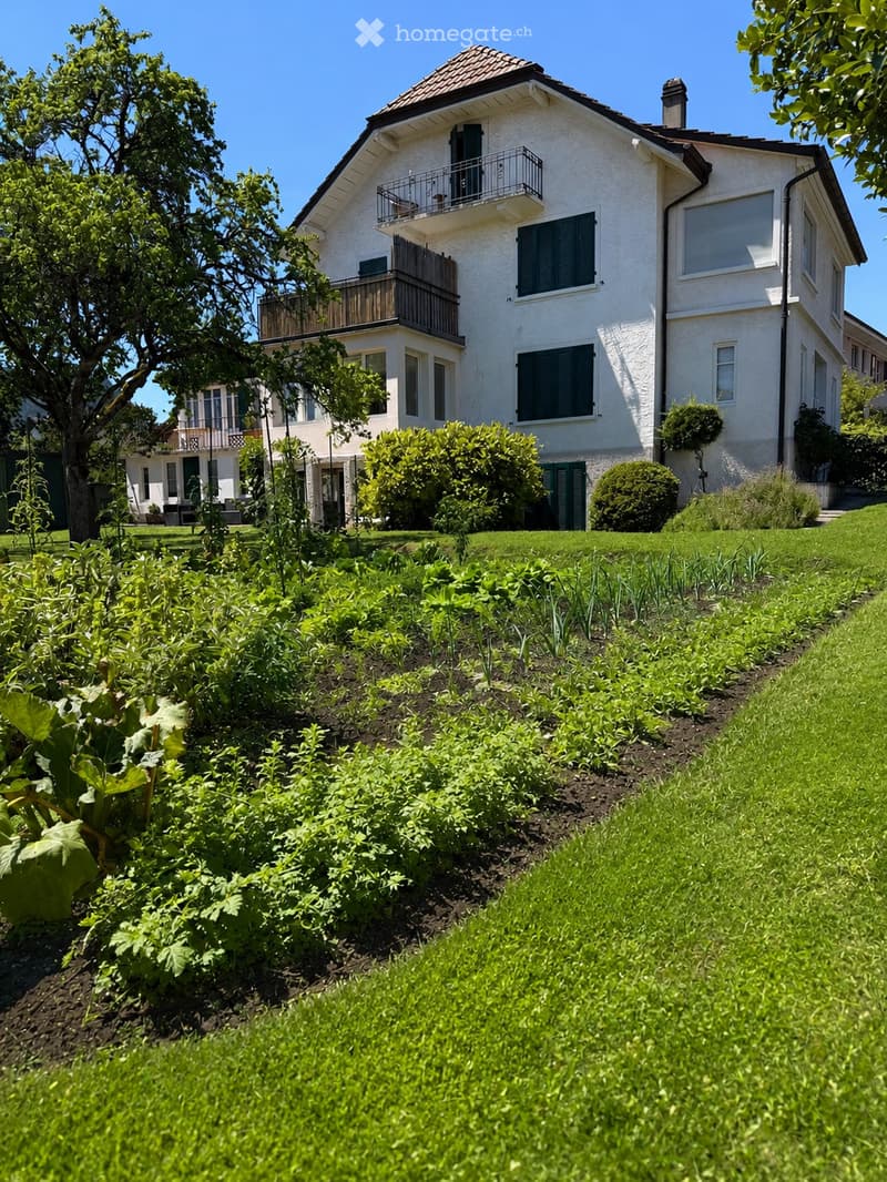 A well-maintained garden with a variety of plants and vegetables, leading up to a two-story white house with green shutters and balconies.