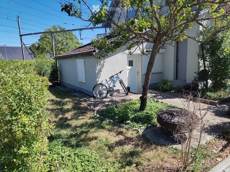 Garden area with a tree, barbecue, bicycle, and small shed near a house.