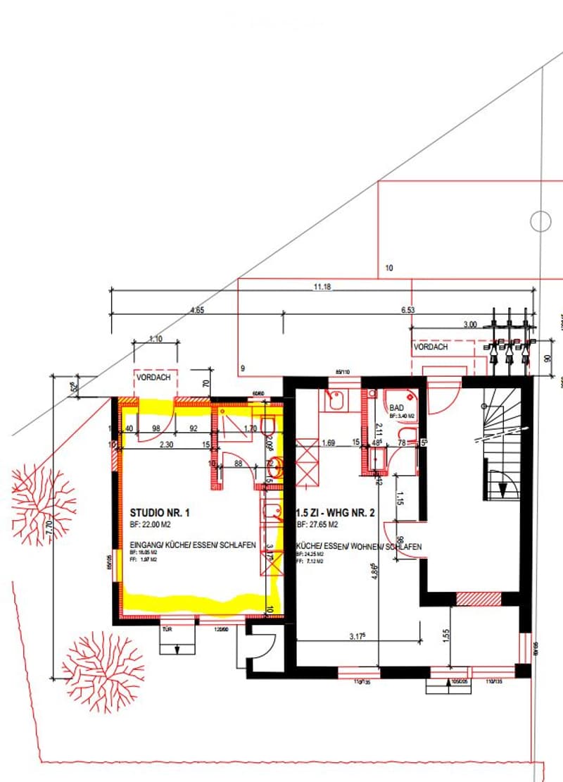 Floor plan showing two apartments: Studio No. 1 and1.5-Zi. Whg No. 2, each with kitchen, living, and sleeping areas, plus a shared bathroom.