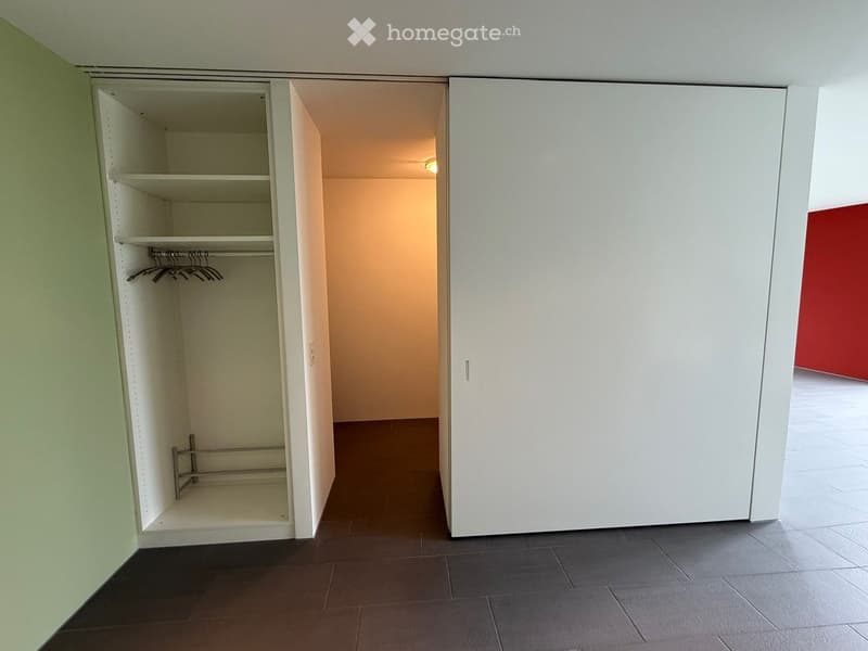 Empty room with a built-in closet featuring shelves and a hanging rod, light-colored walls, and a dark tiled floor.
