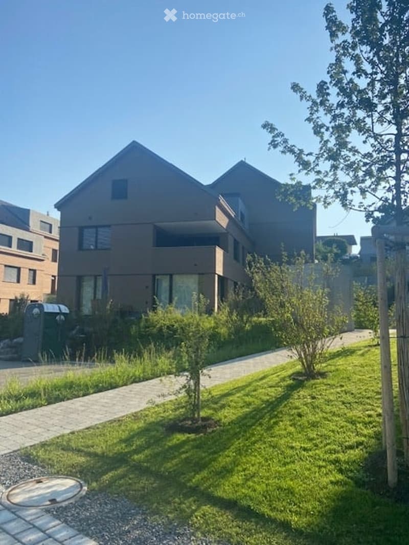modern house with two floors, glass windows, small shrubs and trees