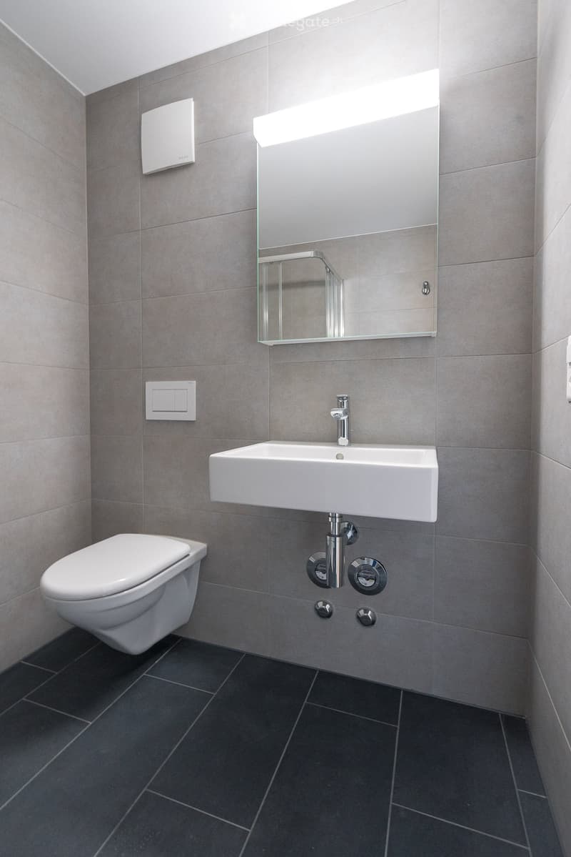 Modern bathroom with grey tiled walls, dark tiled floor, white toilet, white sink with chrome faucet, and a large mirror with a glass shelf above it.