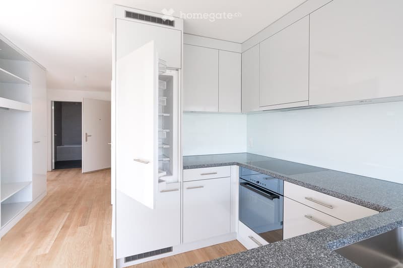 Modern, minimalist kitchen with white cabinets, a built-in refrigerator, and a granite countertop.