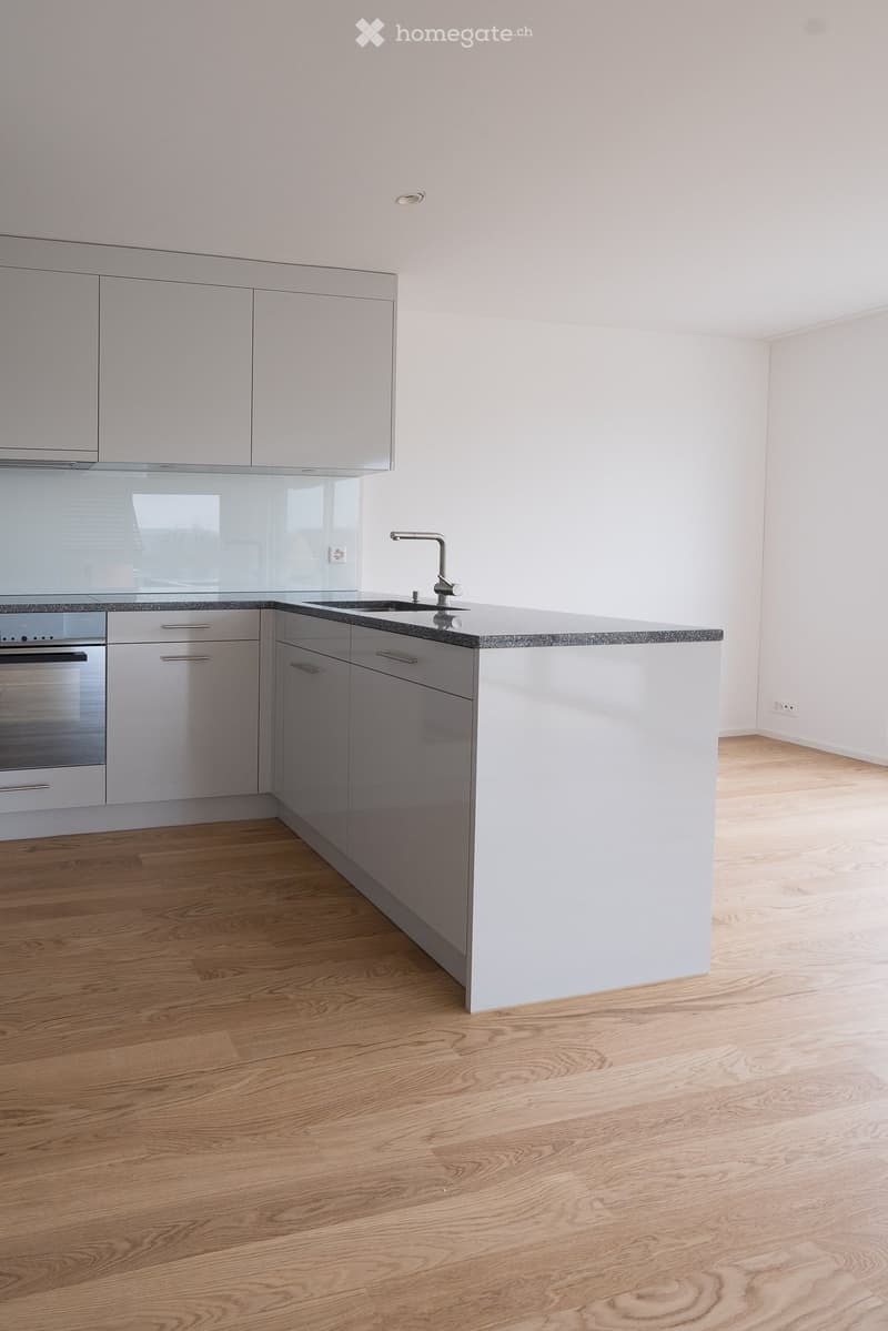 Modern kitchen with light grey cabinets, a central island with a black countertop, and a stainless steel sink and faucet. The floor is made of light wooden planks.