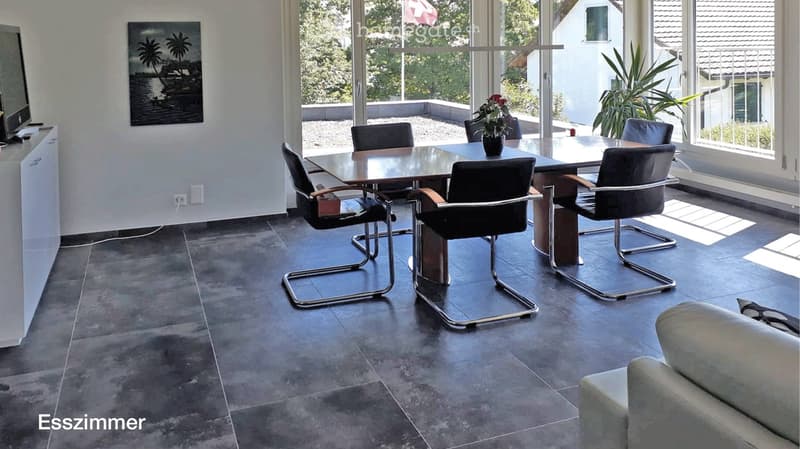 Dining room with a large glass table, six chairs, a sofa, a TV screen, and a picture on the wall. The room has large windows with a view of the outdoor area.
