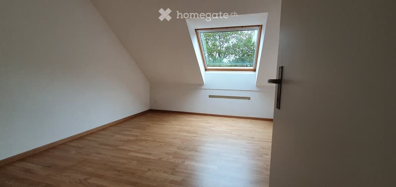 Empty attic room with wooden flooring, white walls, and a skylight window allowing natural light.