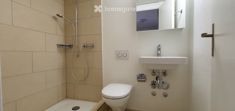 Modern bathroom with beige tiled walls, white toilet, sink, mirror, and shower area.