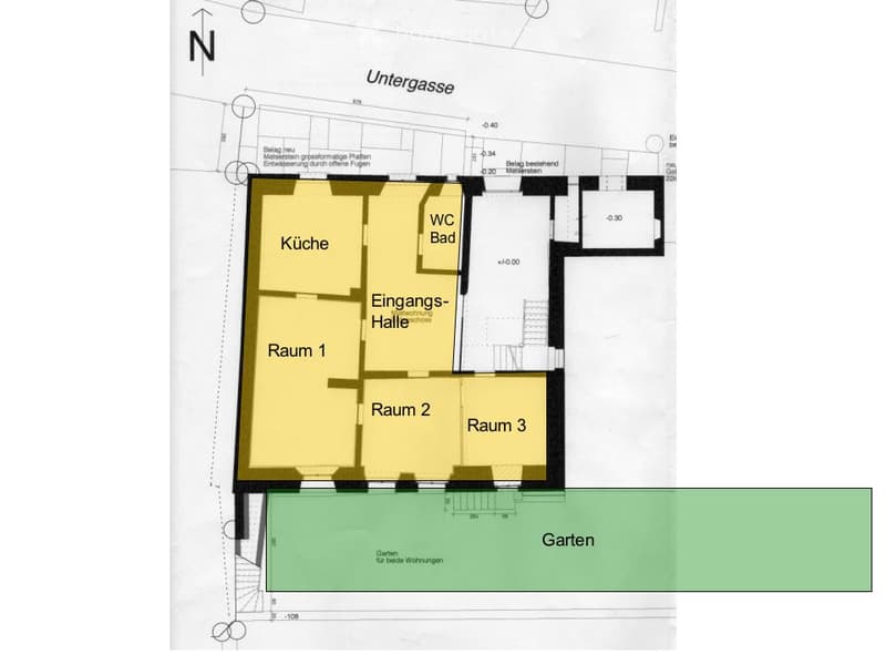 Floor plan of a residential unit featuring a kitchen, entrance hall, three rooms, bathroom, and garden.