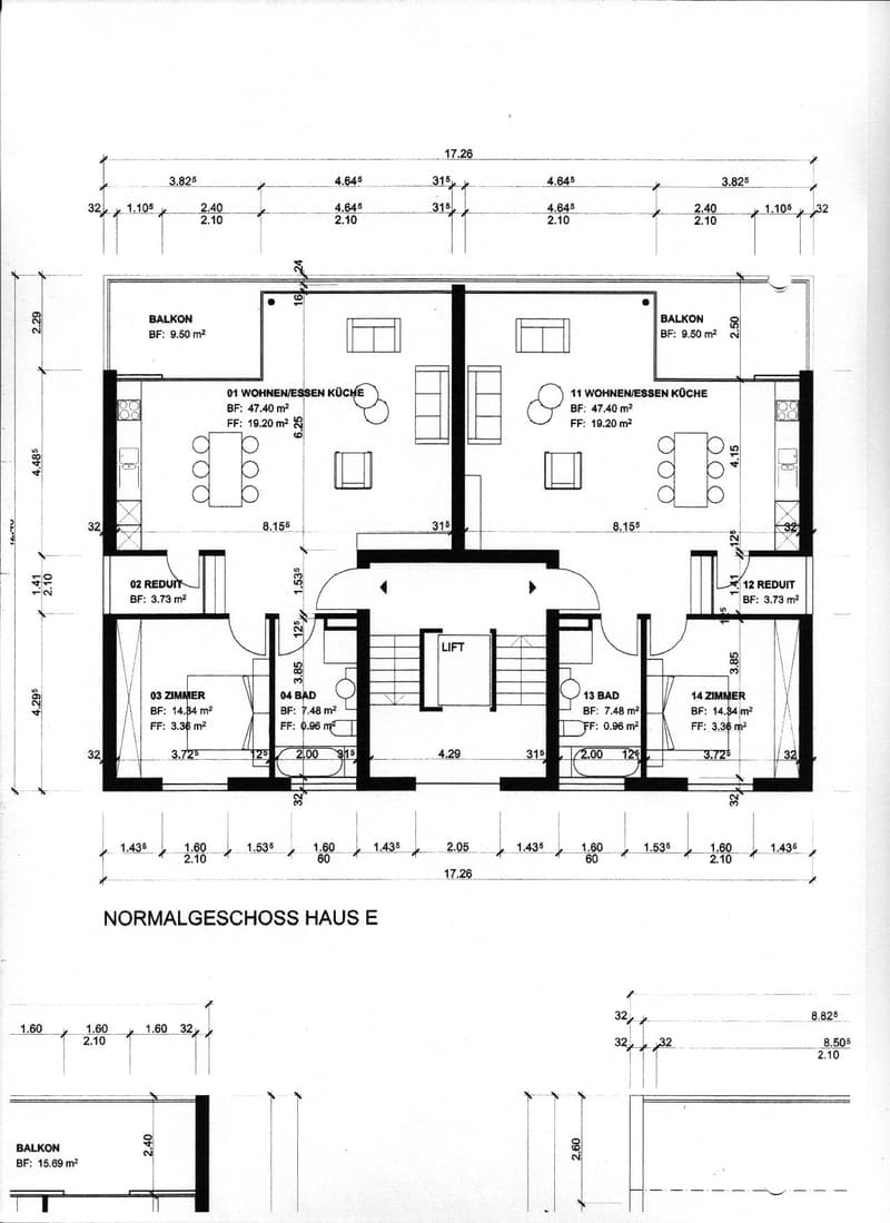 Floor plan of a house with two apartments, each featuring a living/dining kitchen, bedroom, bathroom, and balcony.